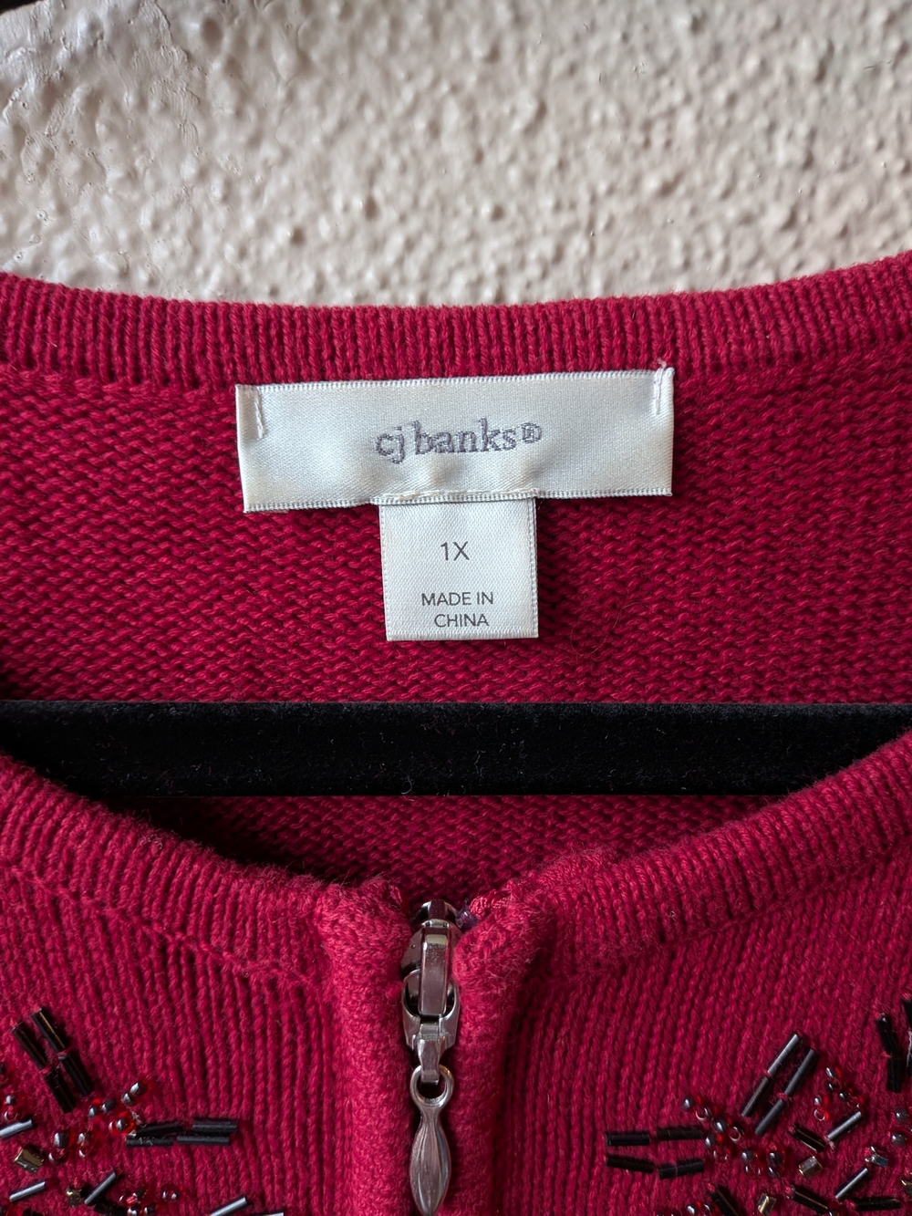 CJ Banks Red Embellished Zip-Front Crewneck Sweater